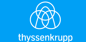 Logo von thyssenkrupp (weißes Zeichen und weiße Schrift vor blauem Hintergrund)